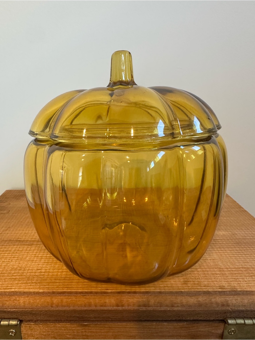 Vintage Anchor Hocking Amber Glass Pumpkin Jar with Lid -